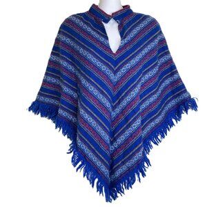Bobbie Brooks Woven Poncho with Fringe Edge VNeck Blue Stripe Vintage 70s